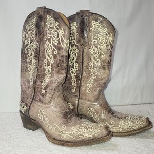 Corral Teens Cowhide Cowboy Boots Girls Size 3 Taupe Cream Embroidery